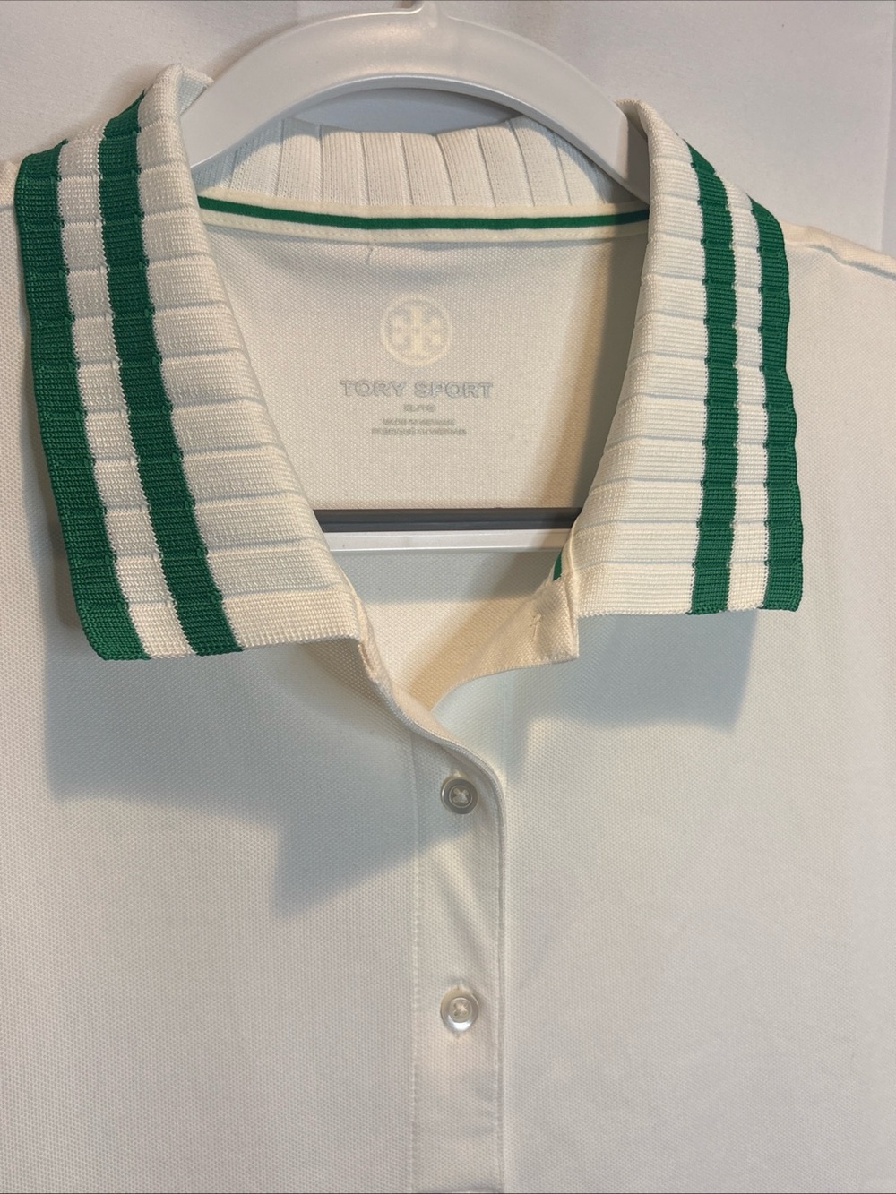 Tory Sport White Polo with Green-Trim Collar and Sleeve Stripes - Picture 2 of 8